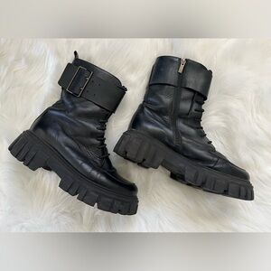 Black Leather Lace-Up Chunky Combat Boots, Lug Sole